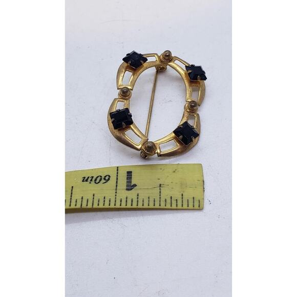 Vintage 10k Gold Plate Brooch Pin Art Deco Oval Openwork Black Rhinestone - Picture 7 of 16